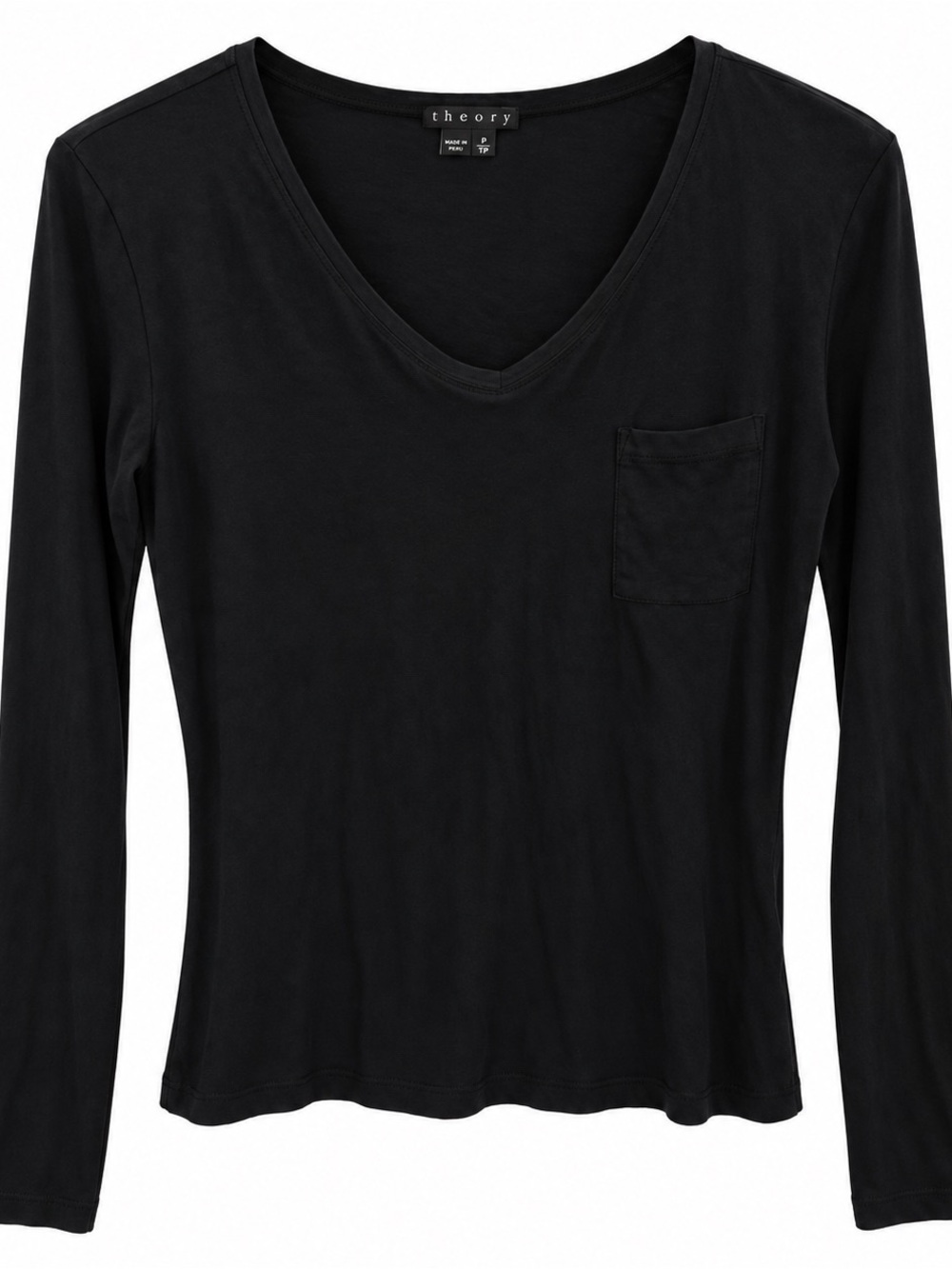 Theory Women’s Black Pima Cotton Long Sleeve Pocket T-Shirt Top Size P